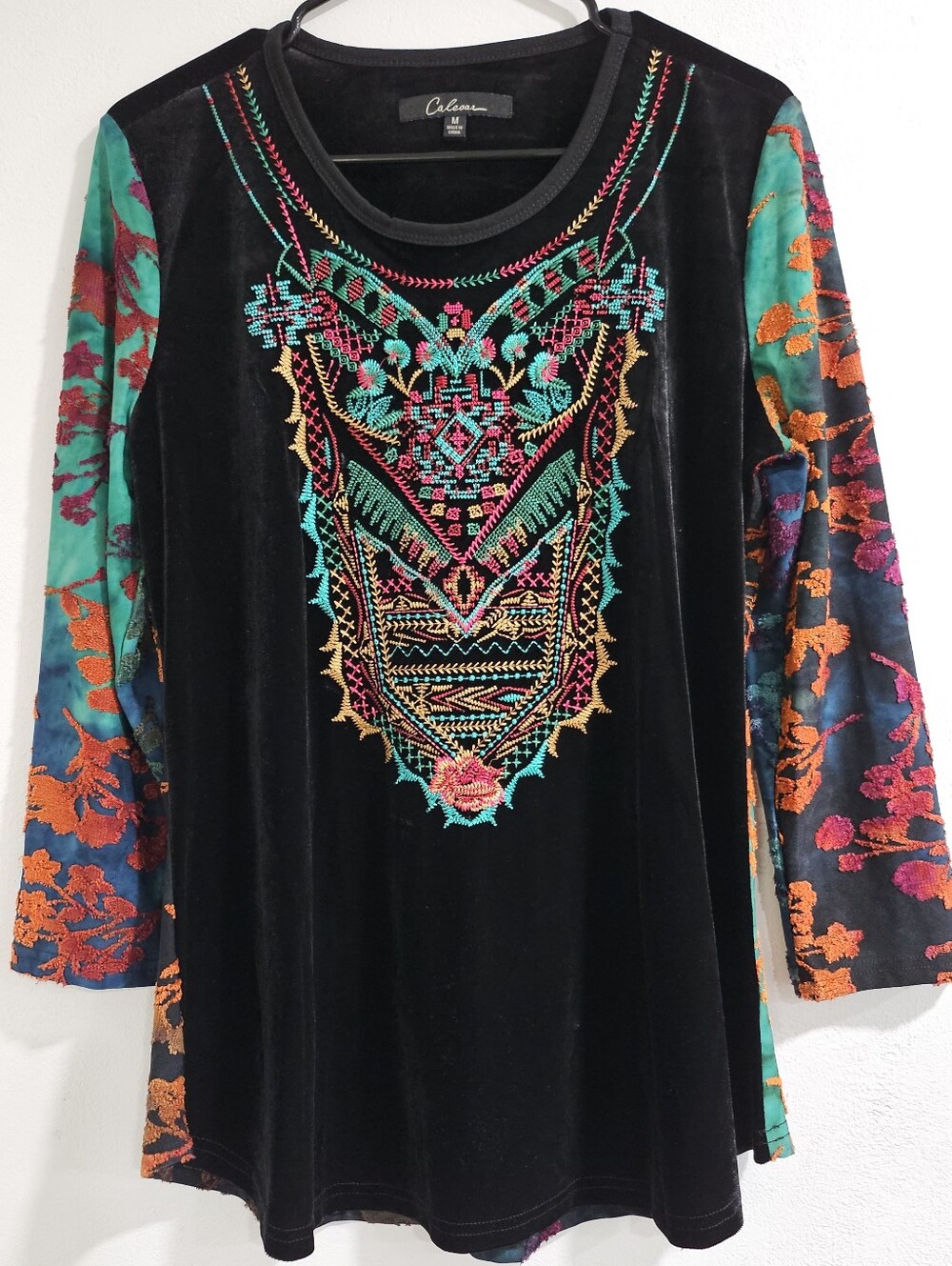 Caleoaa Boho Embroidered Velvet Tunic Top Floral Burnout Sleeve Black Medium